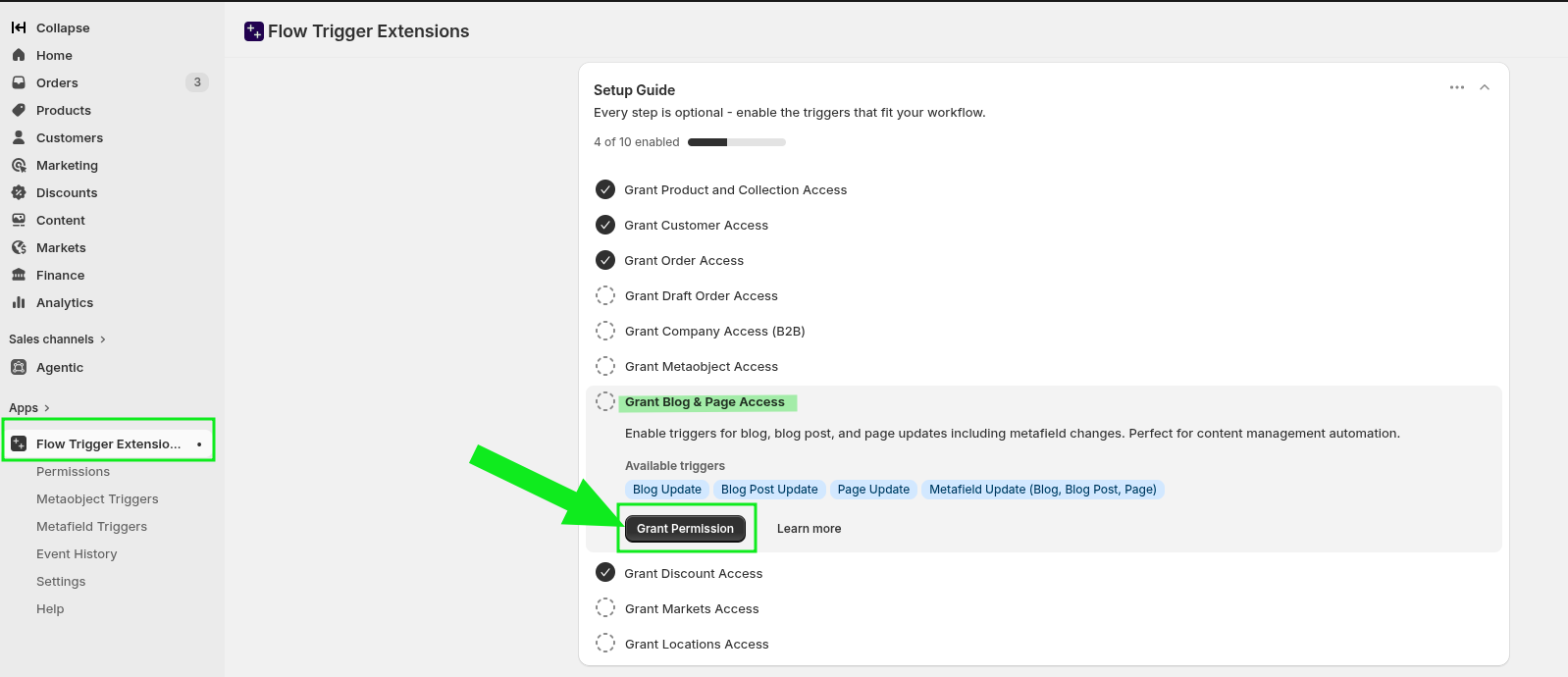Flow Trigger Extensions setup guide with Grant Blog and Page Access and Grant Permission button
