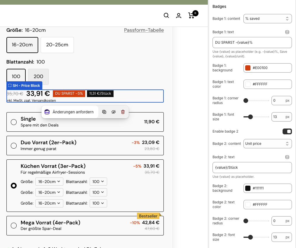 Price Block badge settings showing a savings badge and a second unit price badge