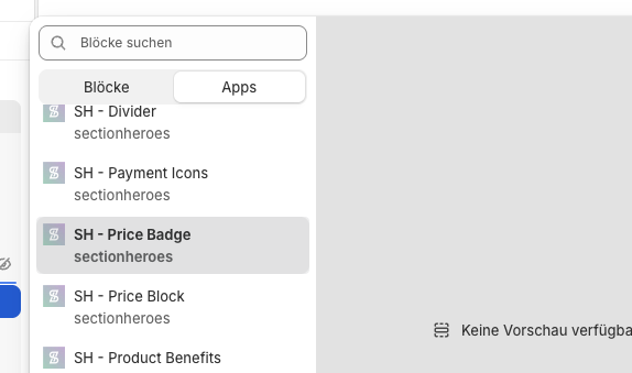 Shopify theme editor with the SH - Price Badge app block selected from the Apps tab