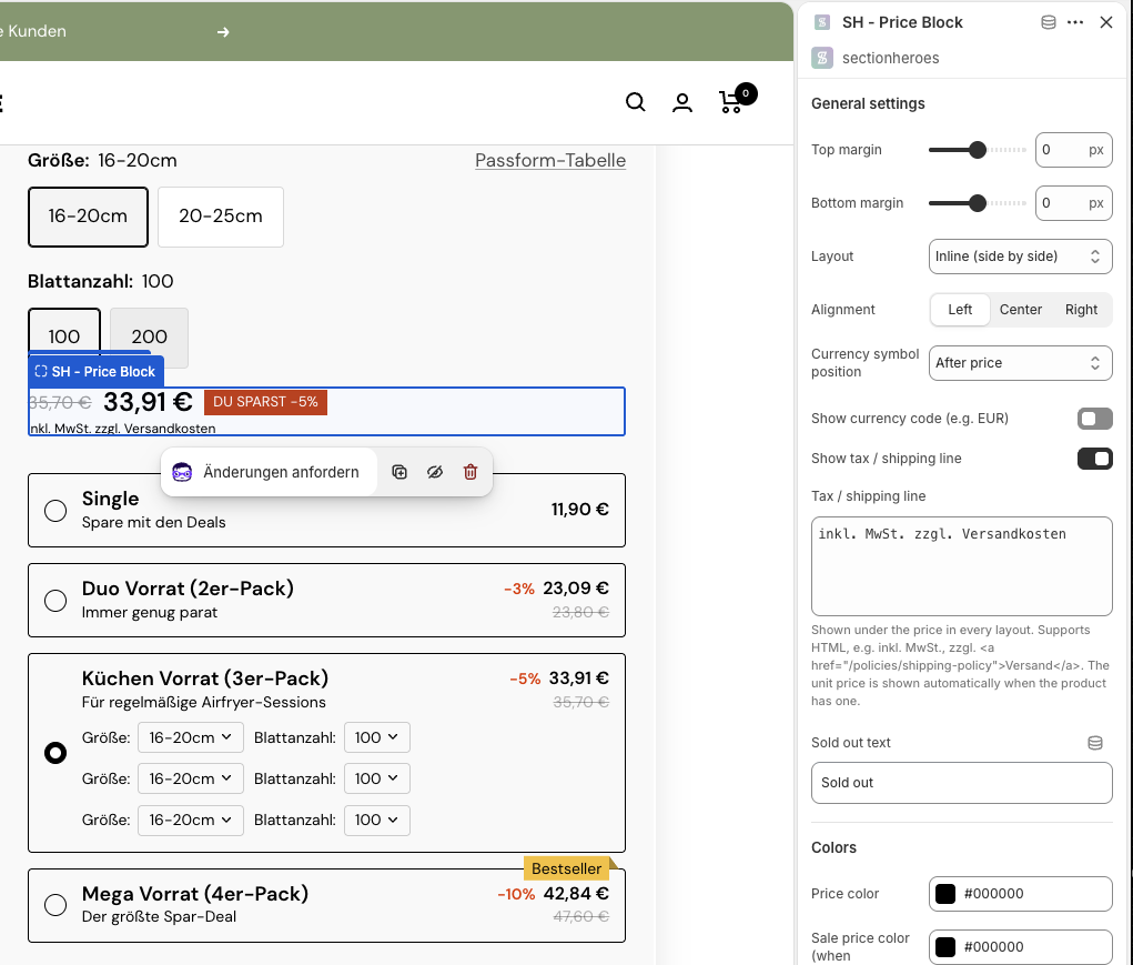Price Block on a product page with layout, alignment, and tax or shipping line settings open