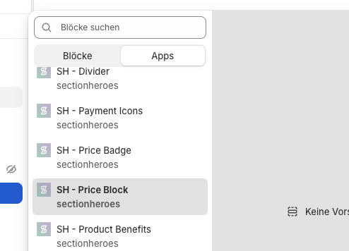 Shopify theme editor block picker showing SH - Price Block under Apps