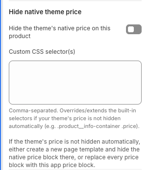 Hide native theme price setting with custom CSS selector field