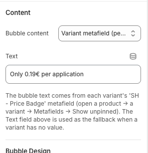 Price Badge settings showing Variant metafield selected as the content source