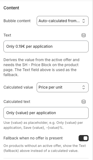 Price Badge settings showing auto-calculated content with a calculated text placeholder