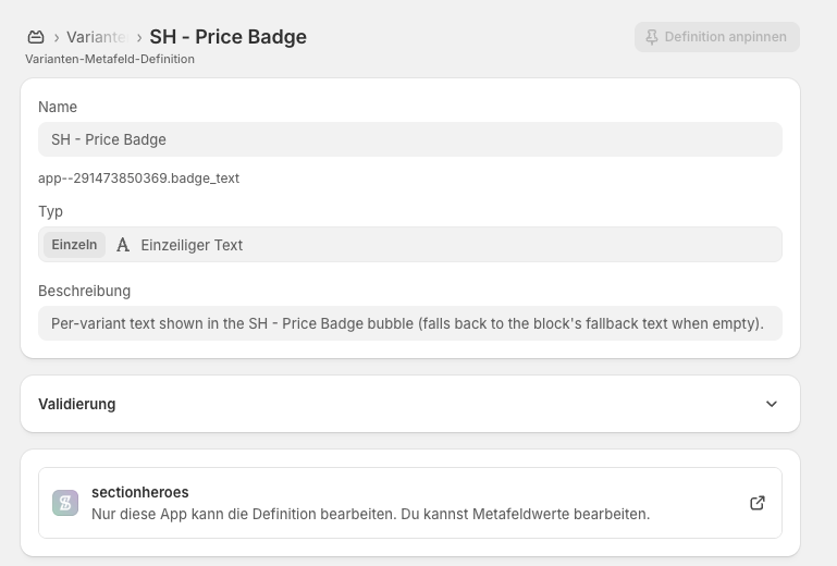 Shopify variant metafield definition for SH - Price Badge