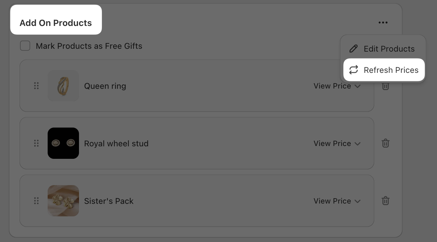 Refresh Prices option in the Add On Products three-dot menu