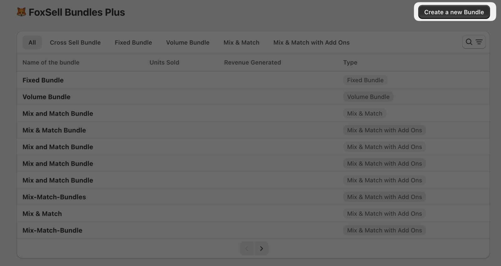 FoxSell Bundles Plus bundles list with the Create a new Bundle button