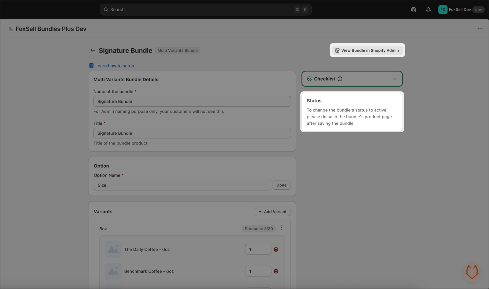 Bundle page showing View Bundle in Shopify Admin button and status guidance