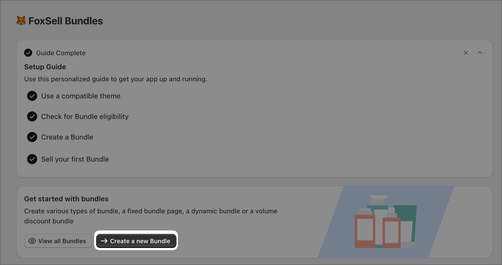 FoxSell Bundles dashboard highlighting the Create a new Bundle button
