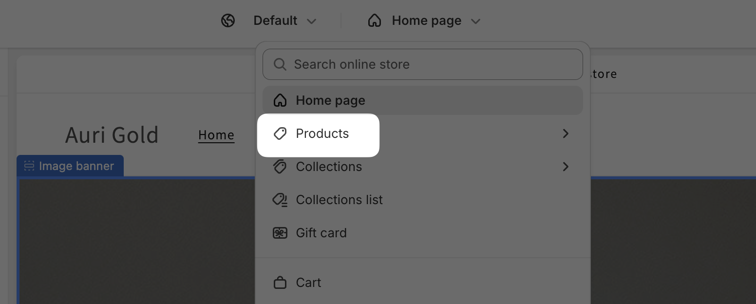 Theme editor page selector showing Products