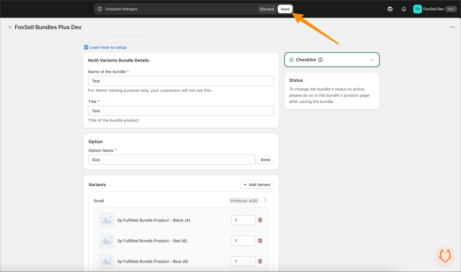 Top bar showing the Save button for the bundle