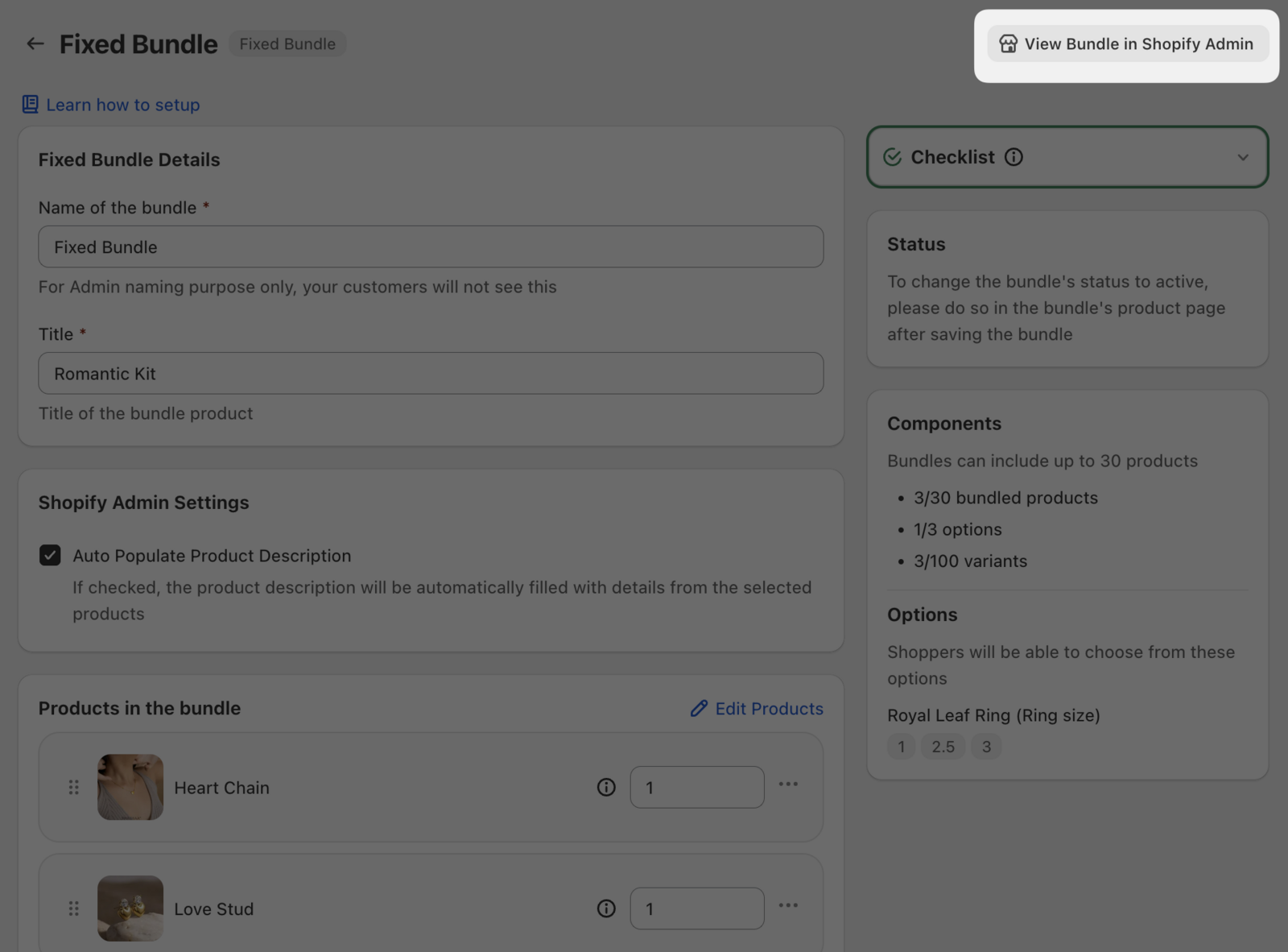Fixed Bundle editor showing the View Bundle in Shopify Admin button