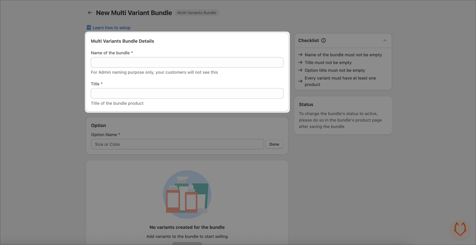 Multi Variants Bundle Details section showing Name of the bundle and Title fields
