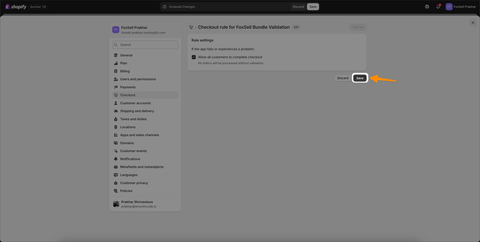 Checkout rule page highlighting the Save button