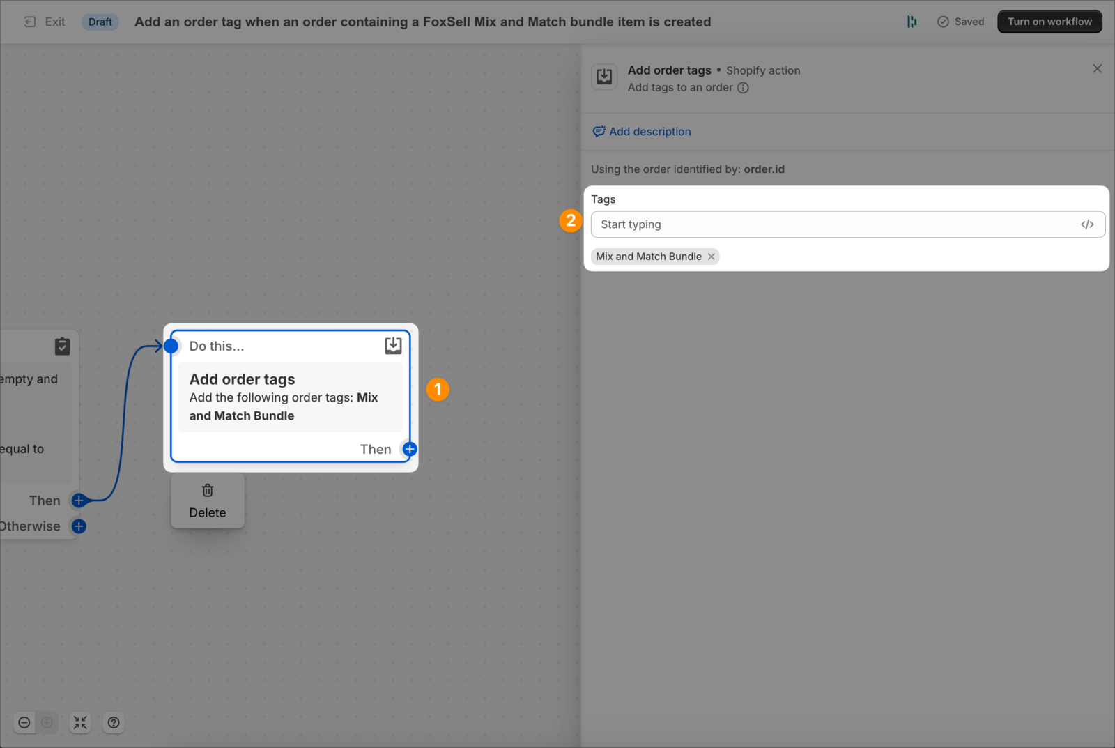 Shopify Flow editor showing the Add order tags action and the Tags field
