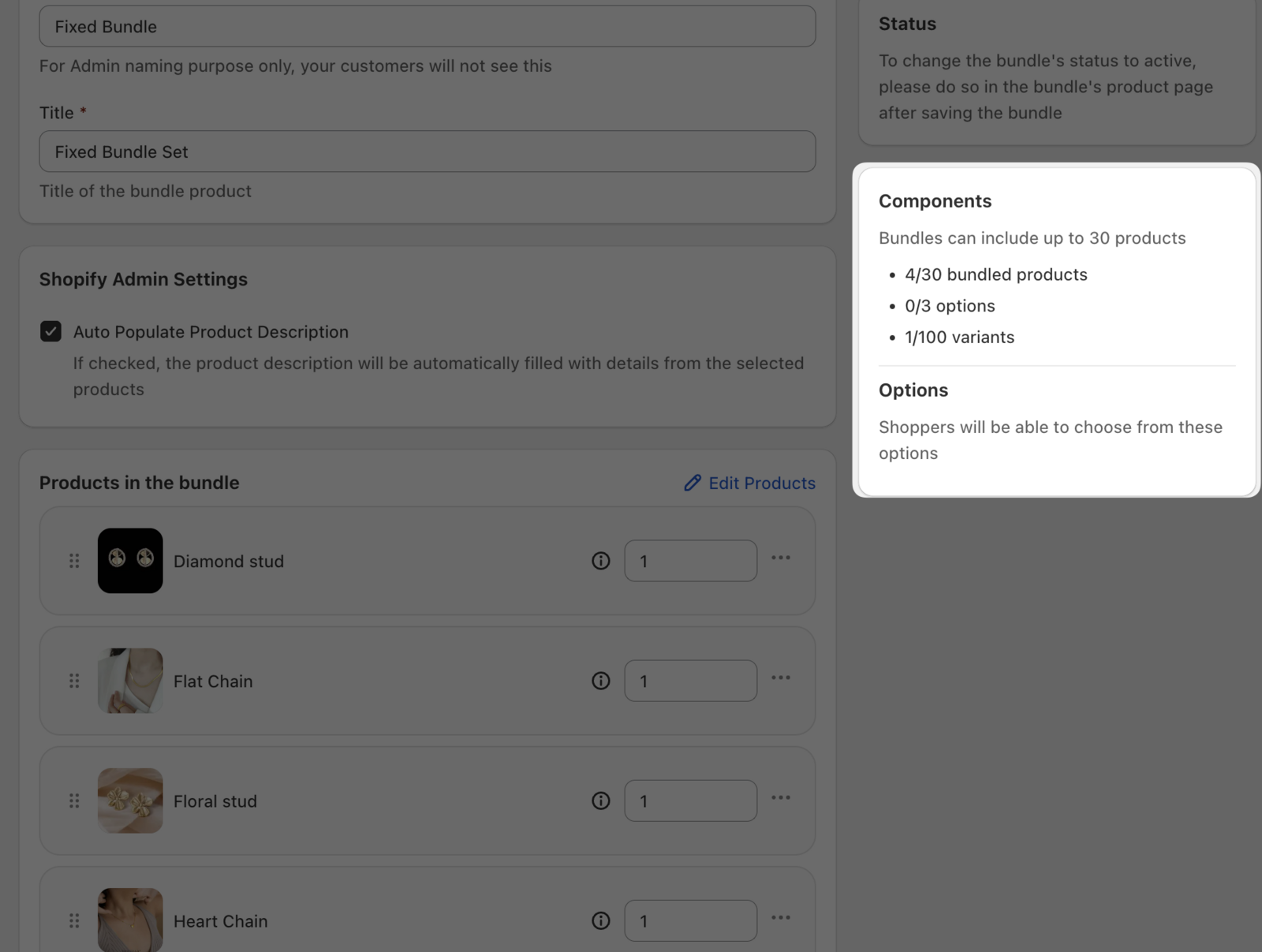 Components panel showing counts for bundled products, options, and variants