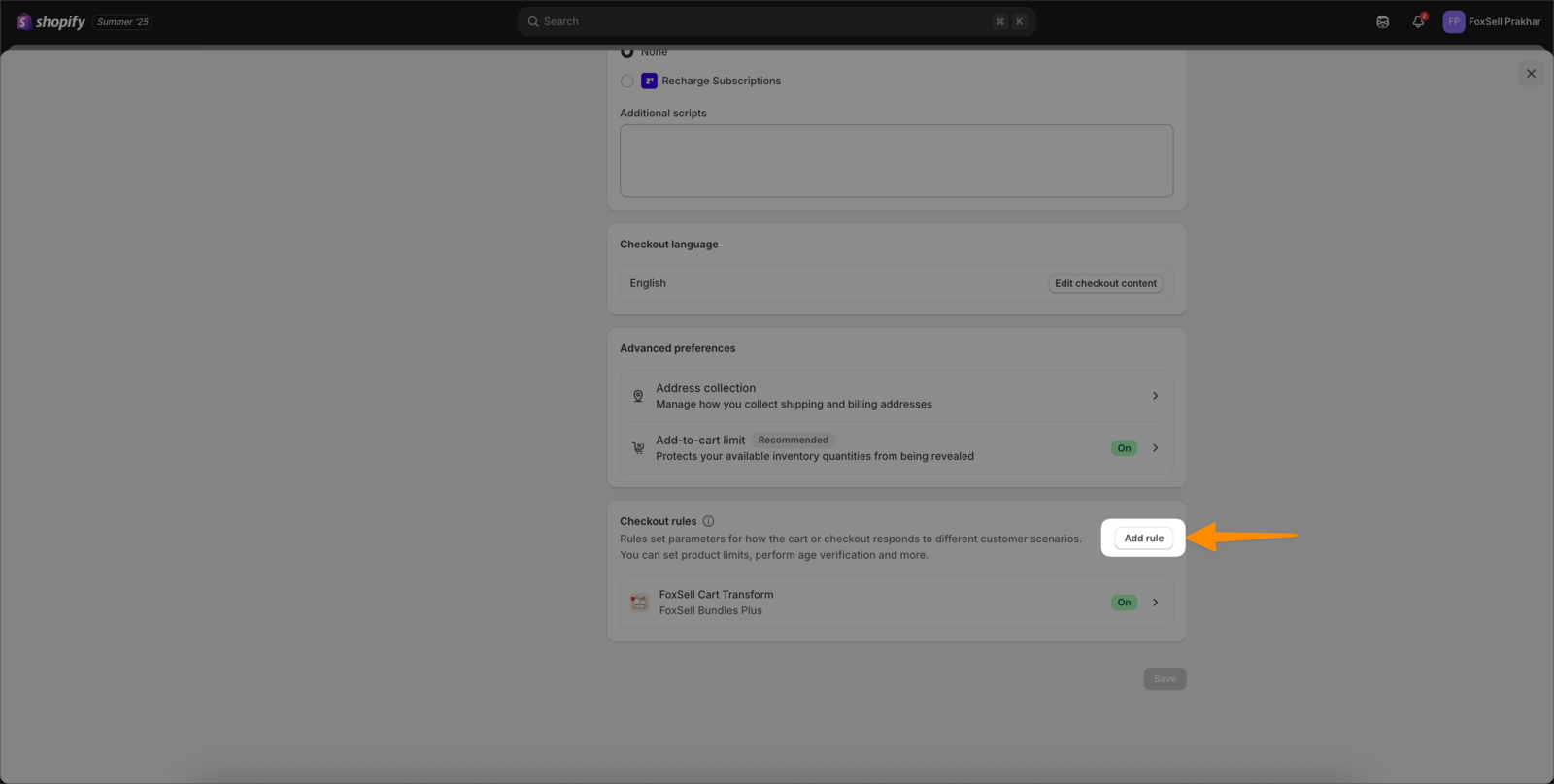 Checkout rules section showing the Add rule button