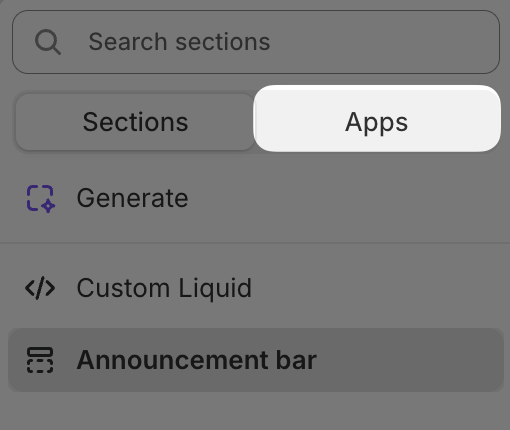 Theme editor section picker with Apps tab selected