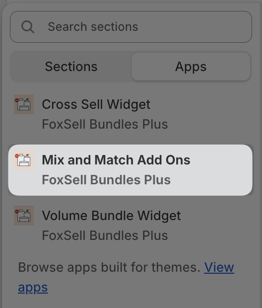 Apps list showing Mix and Match Add Ons (FoxSell Bundles Plus)
