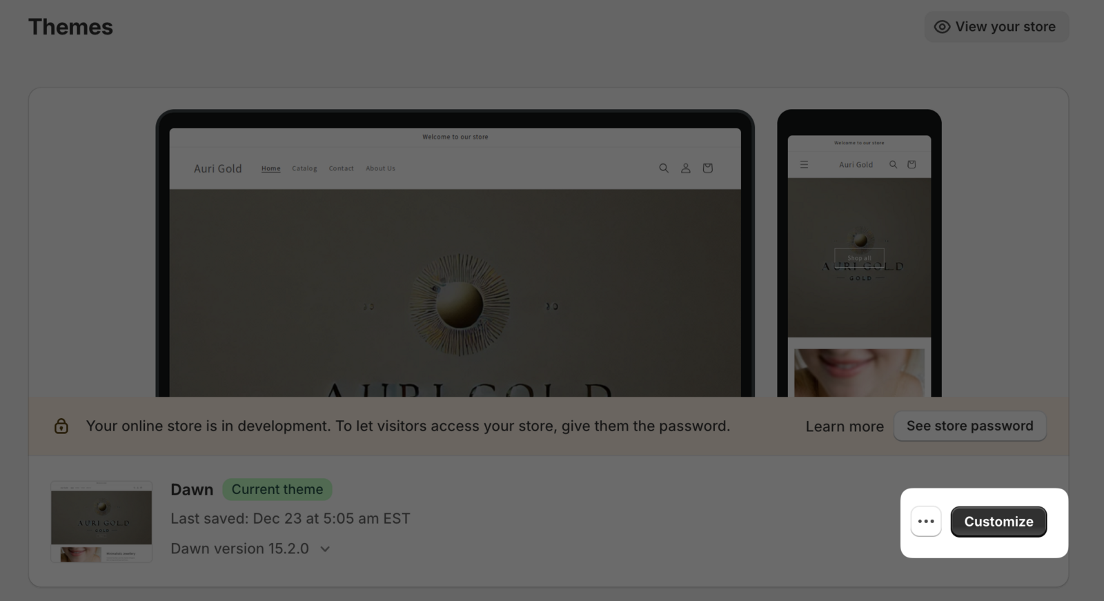 Shopify Themes page highlighting the Customize button