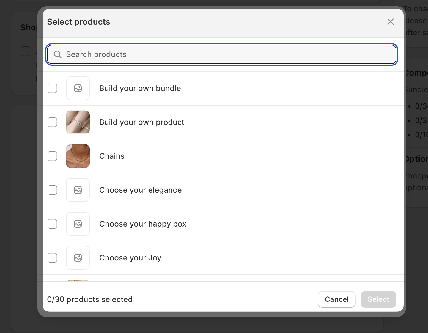 Select products modal with a search field and product list