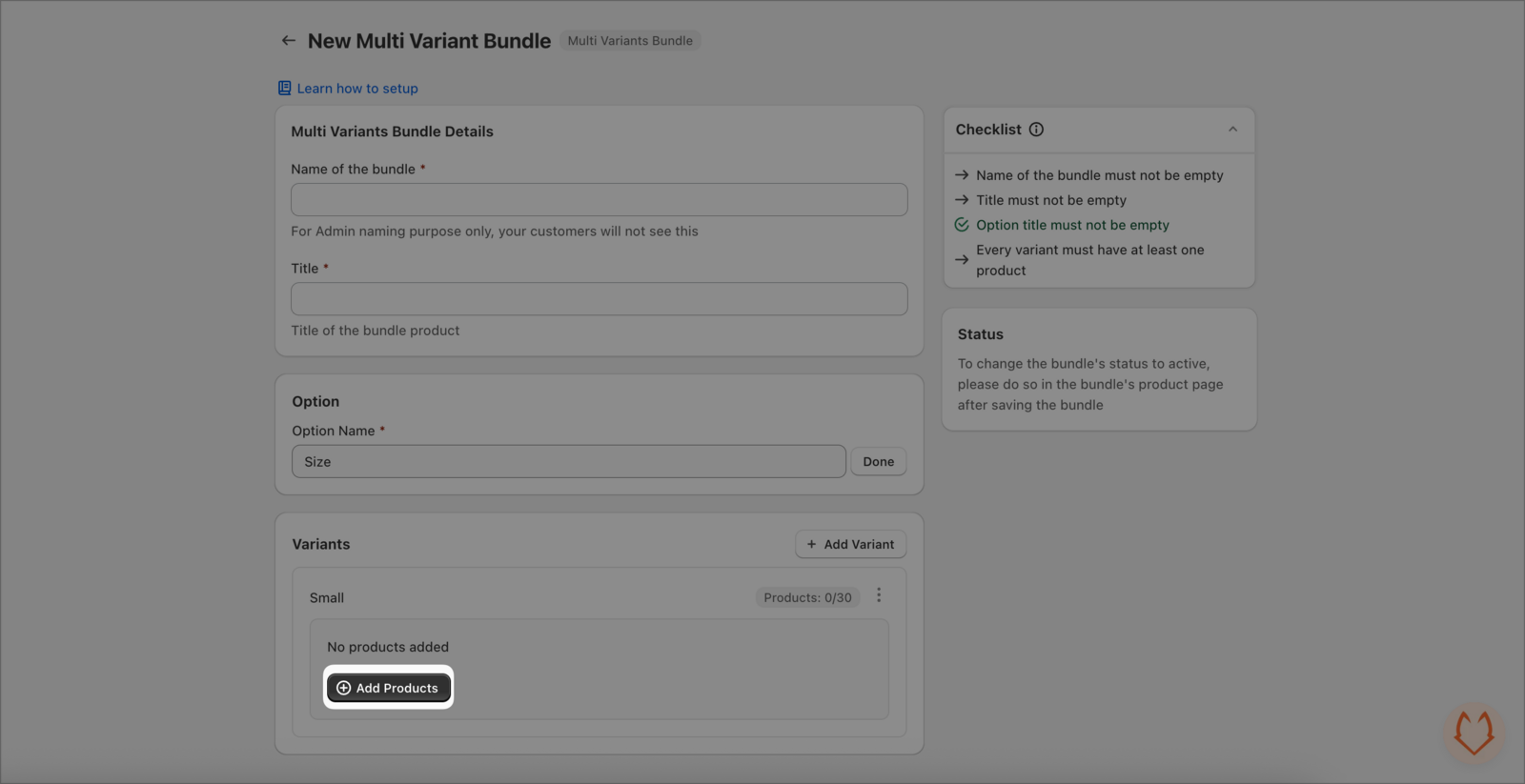 Variants section showing Add Products button inside a variant
