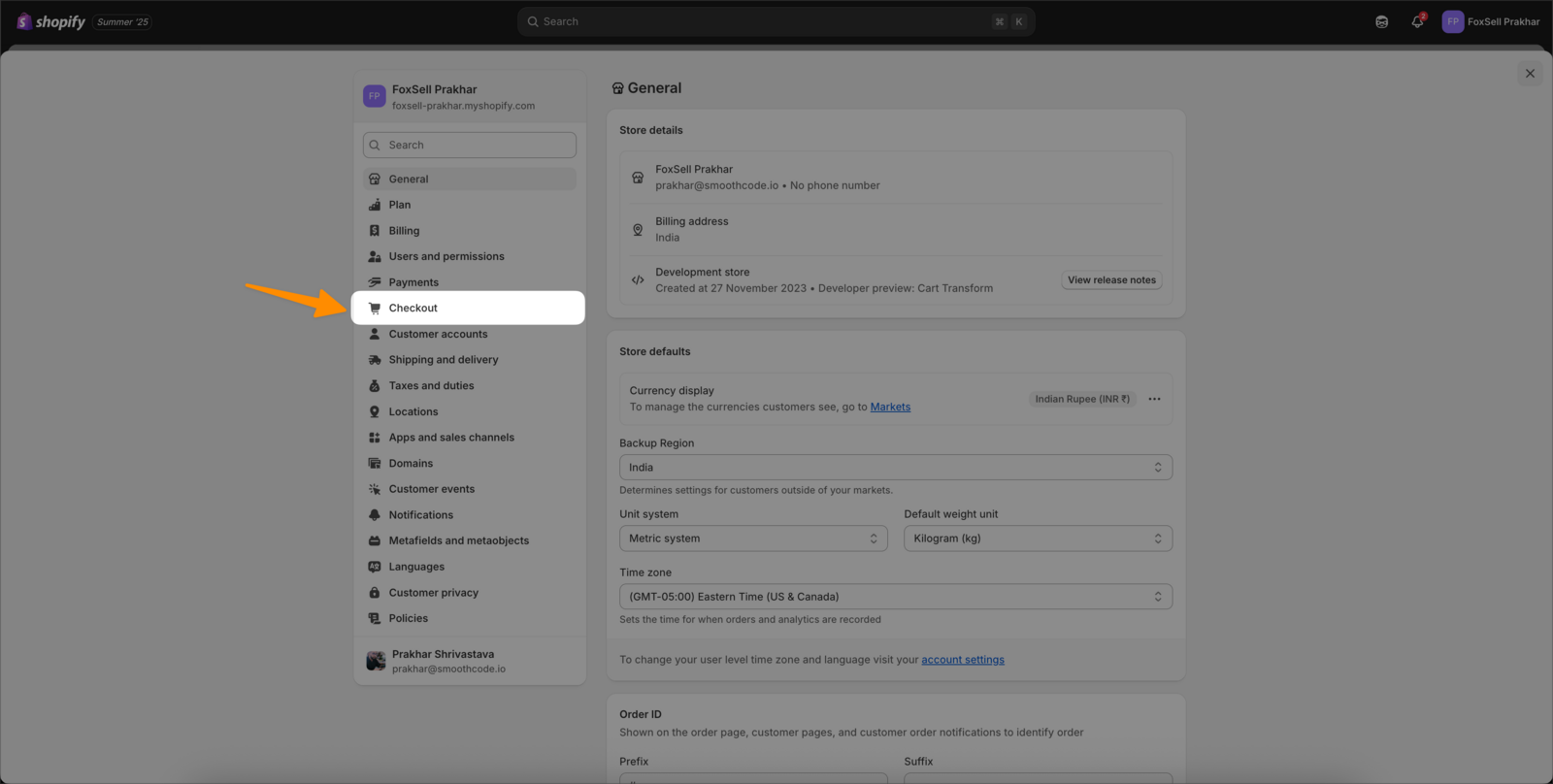 Shopify Settings sidebar with Checkout selected