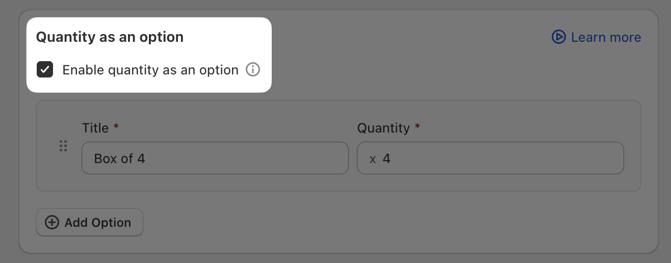 Quantity as an option setting with Enable quantity as an option checked