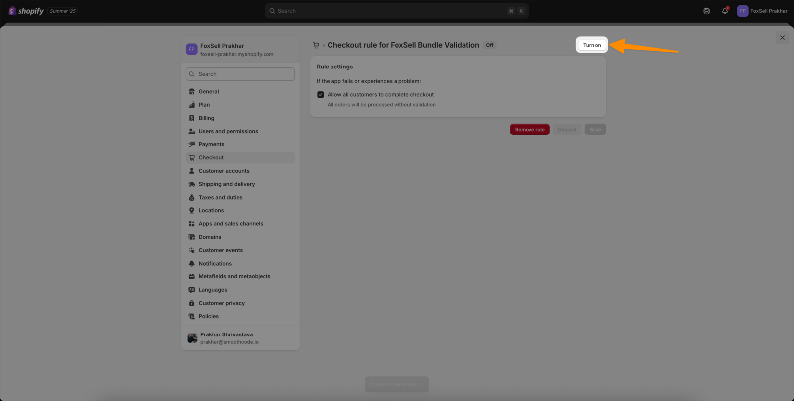 Checkout rule page highlighting the Turn on button