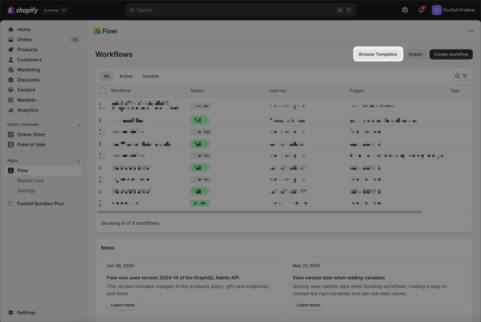 Shopify Flow Workflows screen with the Browse Templates button highlighted