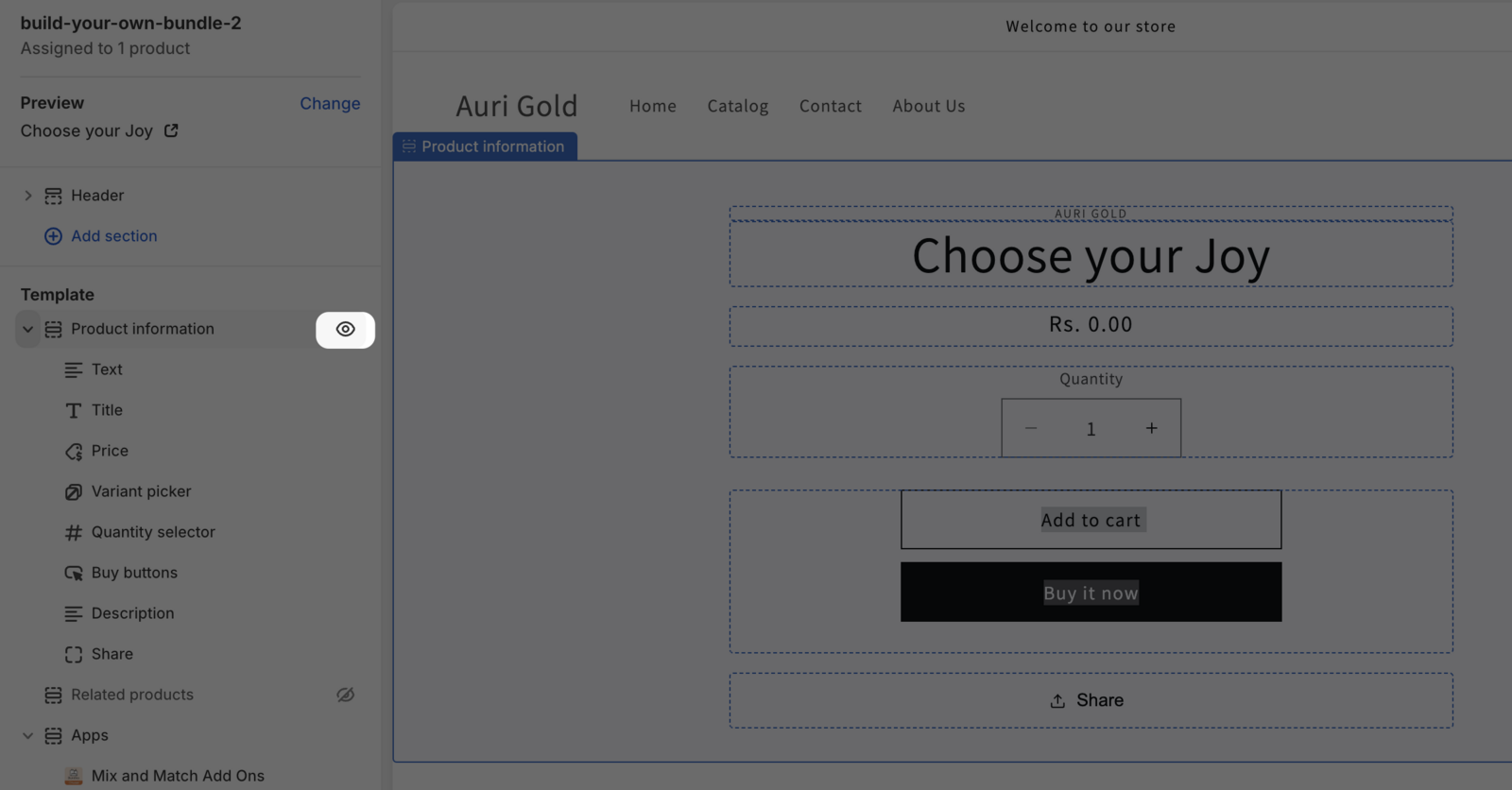 Theme editor left panel showing sections that can be hidden