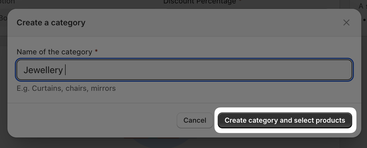 Create a category modal with Name of the category and Create category and select products button