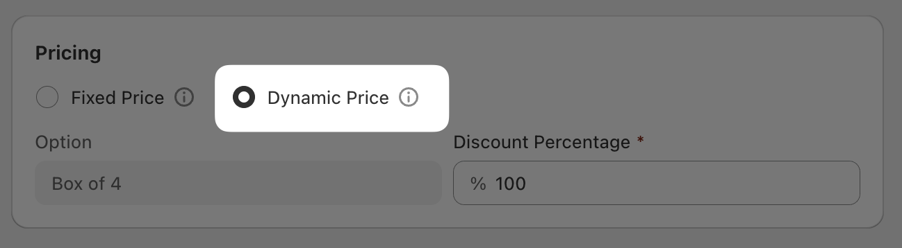 Pricing section showing Fixed Price and Dynamic Price options