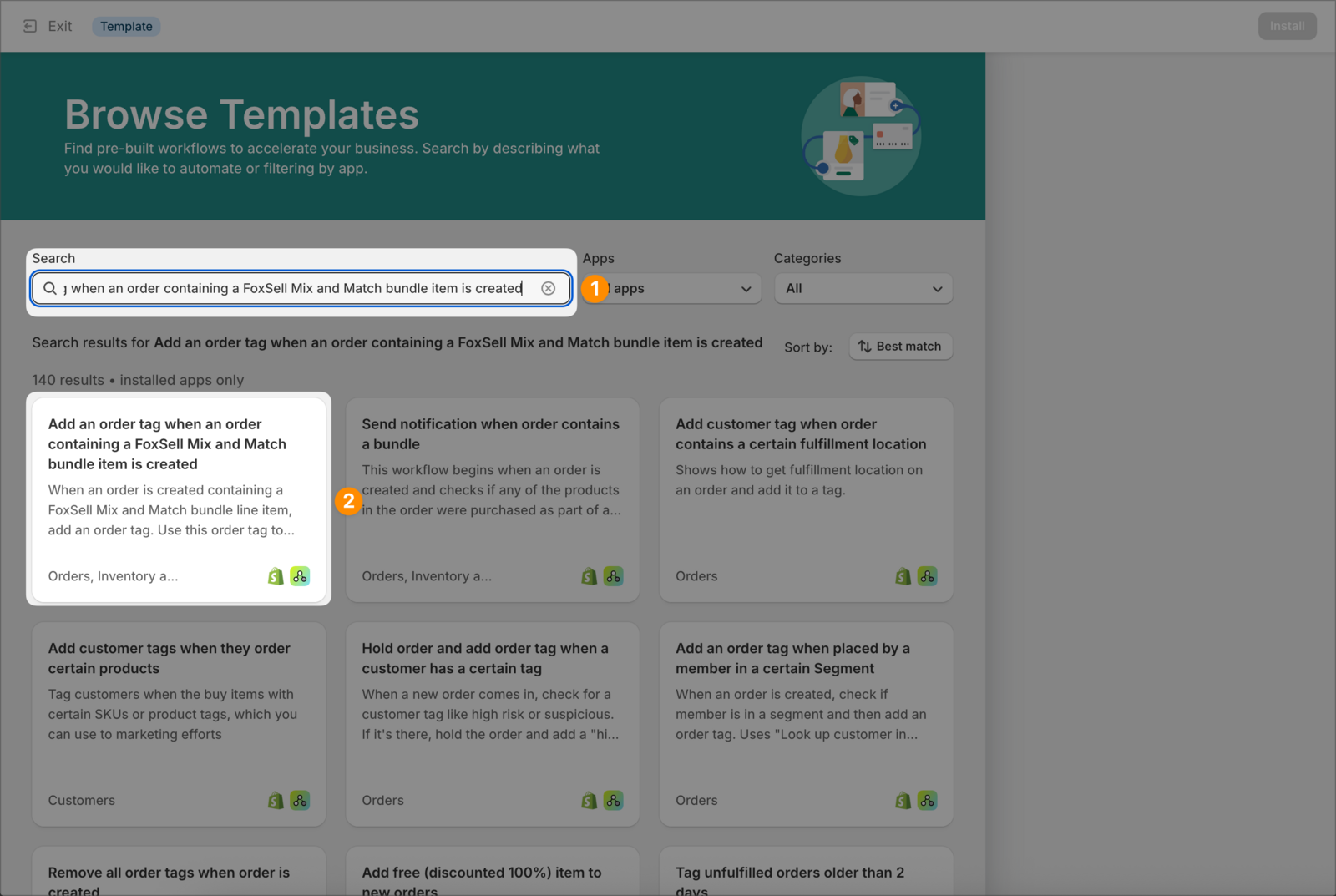 Browse Templates search showing the FoxSell Mix and Match order-tag template