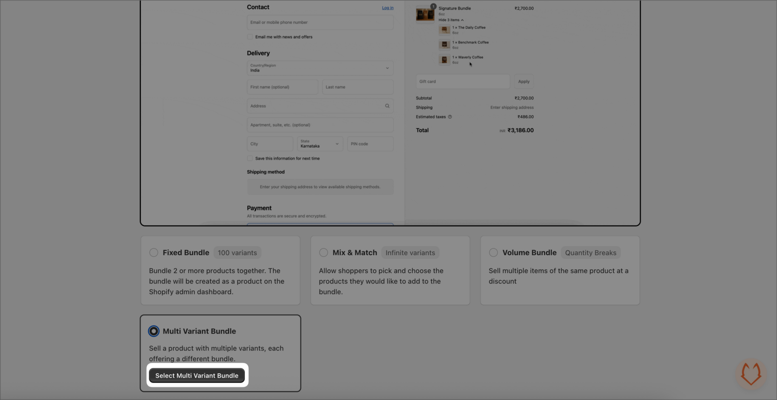 Bundle type selection with Multi Variant Bundle option and Select Multi Variant Bundle button