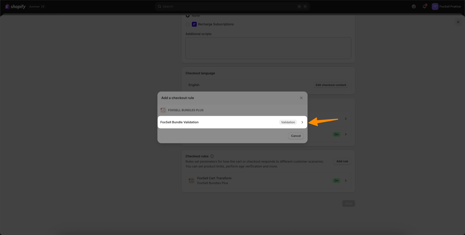 Add a checkout rule modal showing FoxSell Bundle Validation