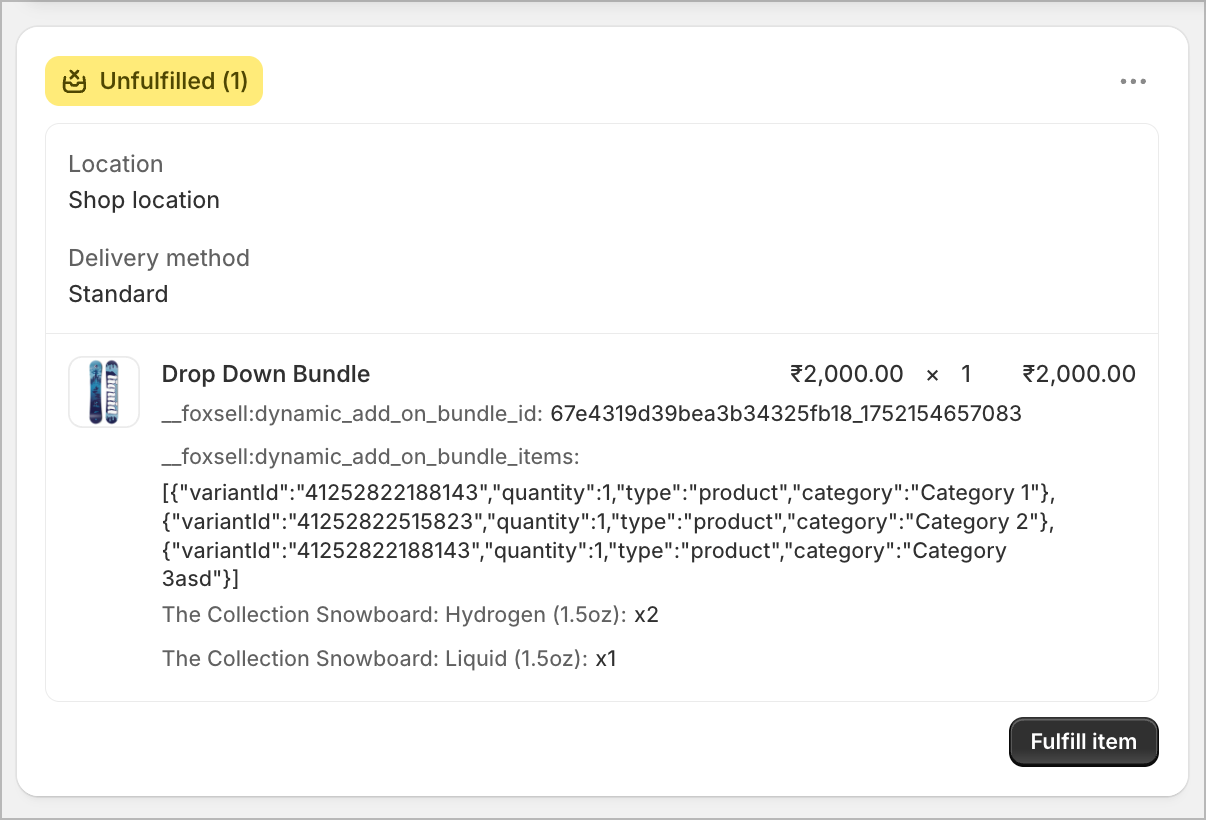 Shopify order showing unusual bundle line item details