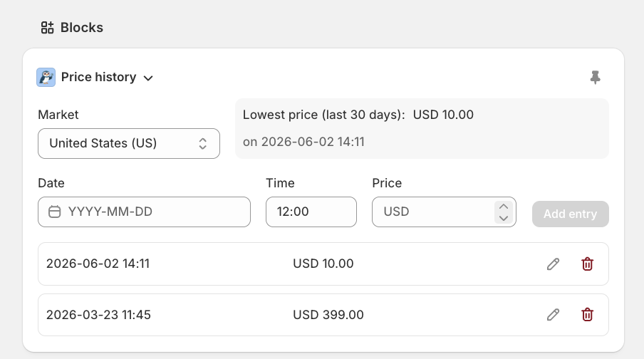 Omnibus Owl Product Price History block showing Market, Date, Time, Price, Add entry, and edit and delete controls