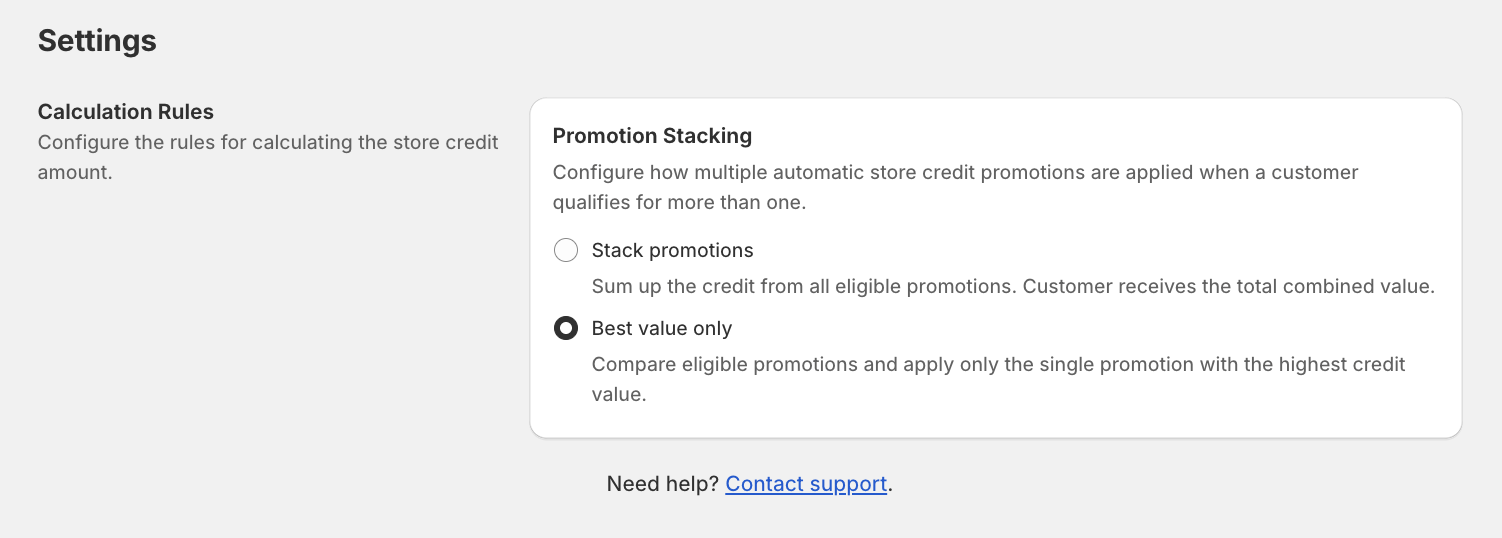 Settings page showing Promotion Stacking options: Stack promotions and Best value only