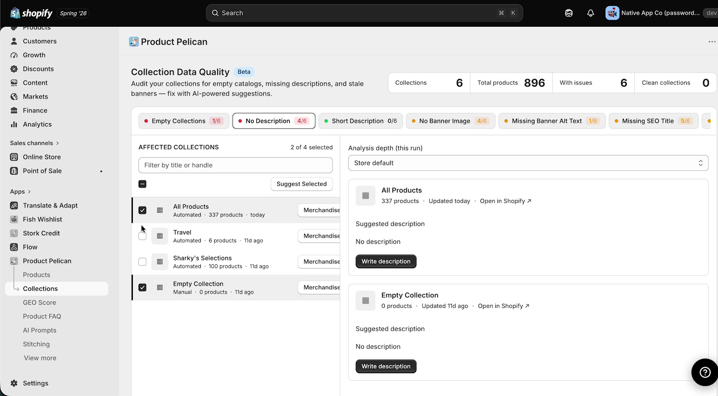 No Description audit showing multiple collections selected and AI write description actions