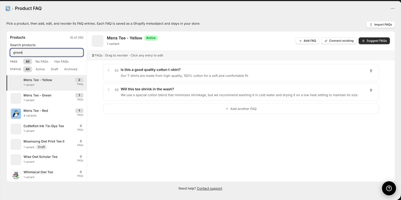 Product search in the Product FAQ sidebar filtering products by keyword