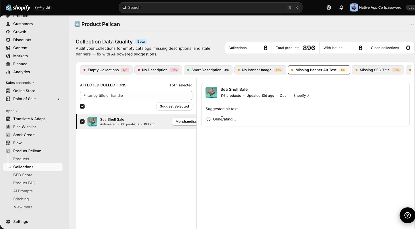 Missing Banner Alt Text audit with generated alt text in progress for a collection banner