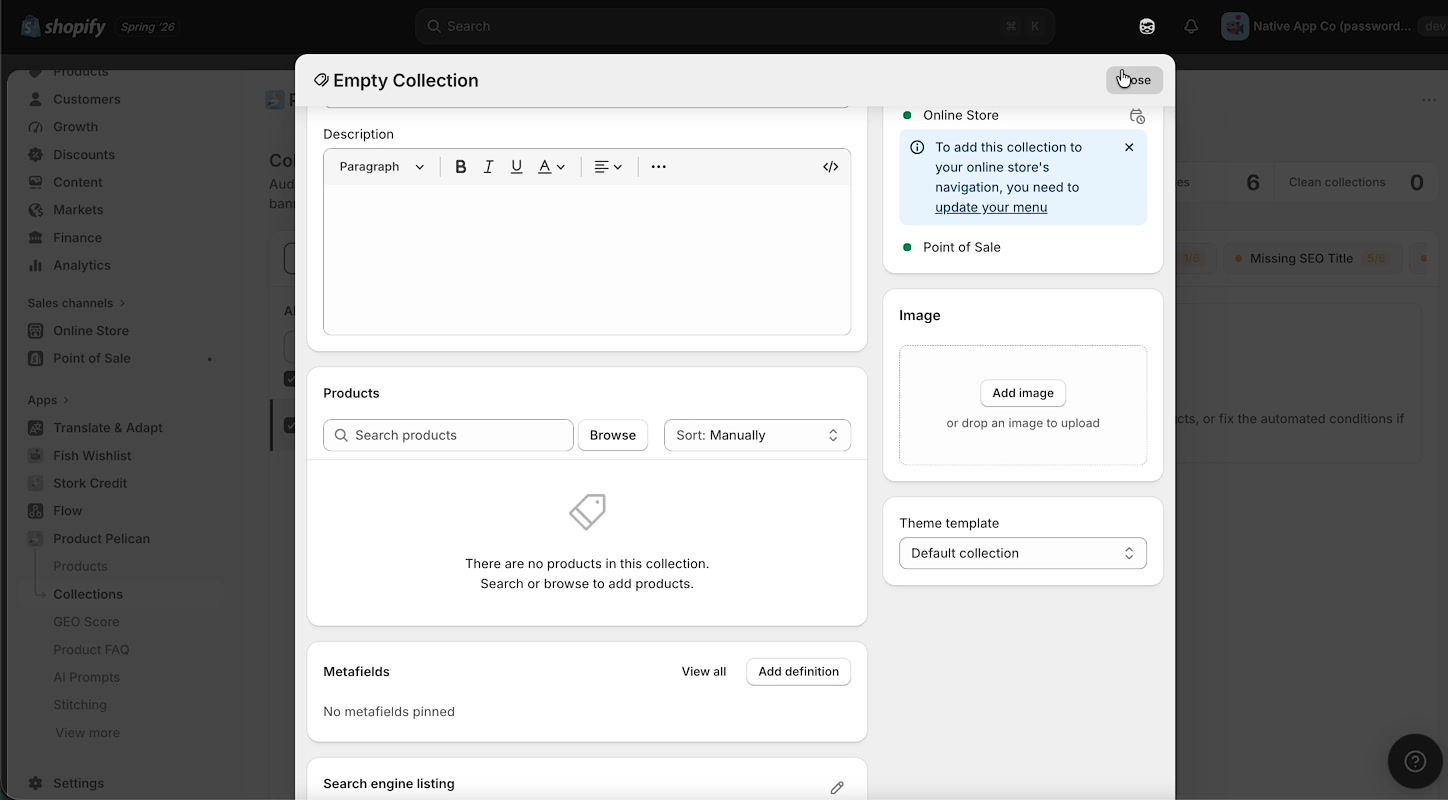 Shopify collection editor for an empty collection showing description, products, image, and search engine listing sections
