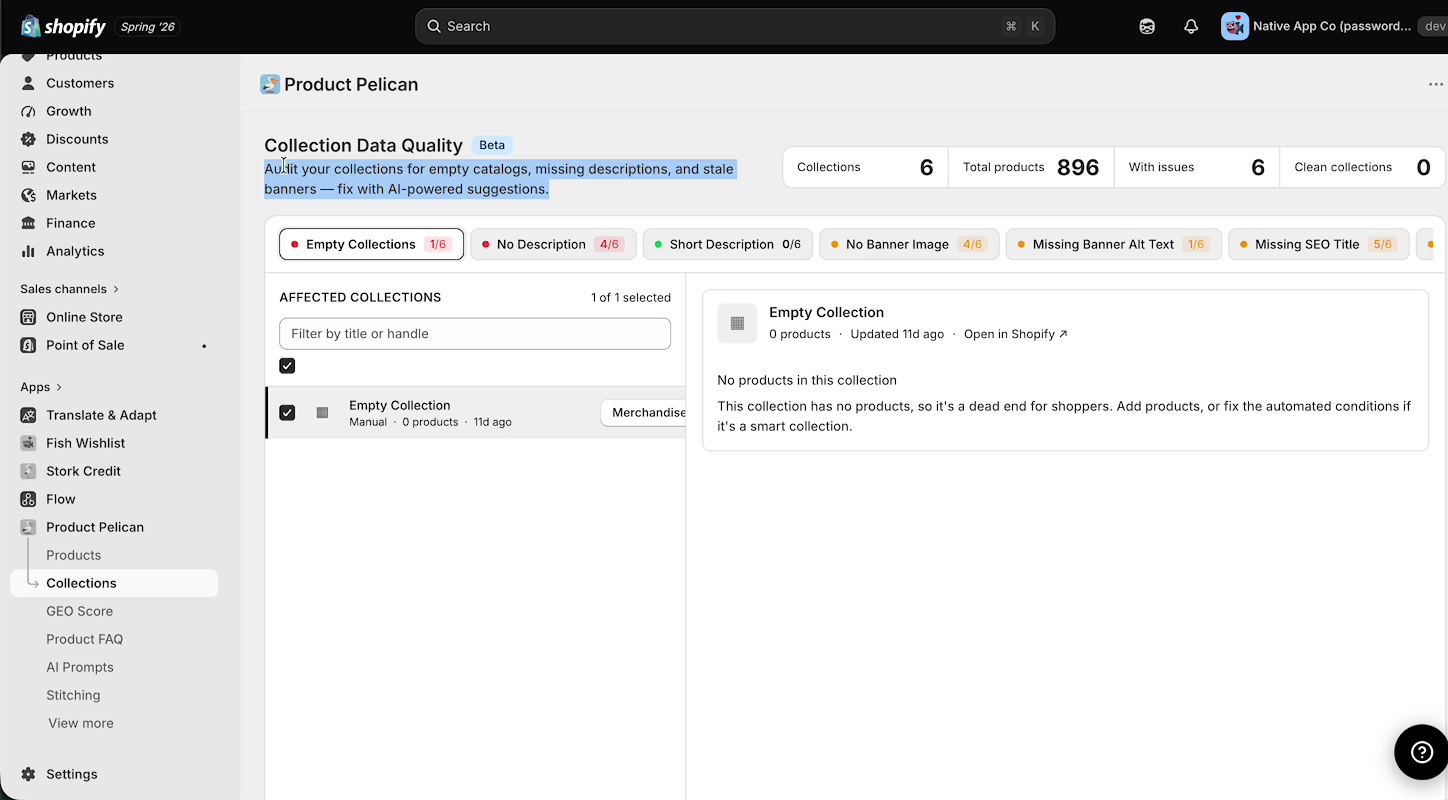 Product Pelican Collection Data Quality dashboard showing audit categories and issue counts