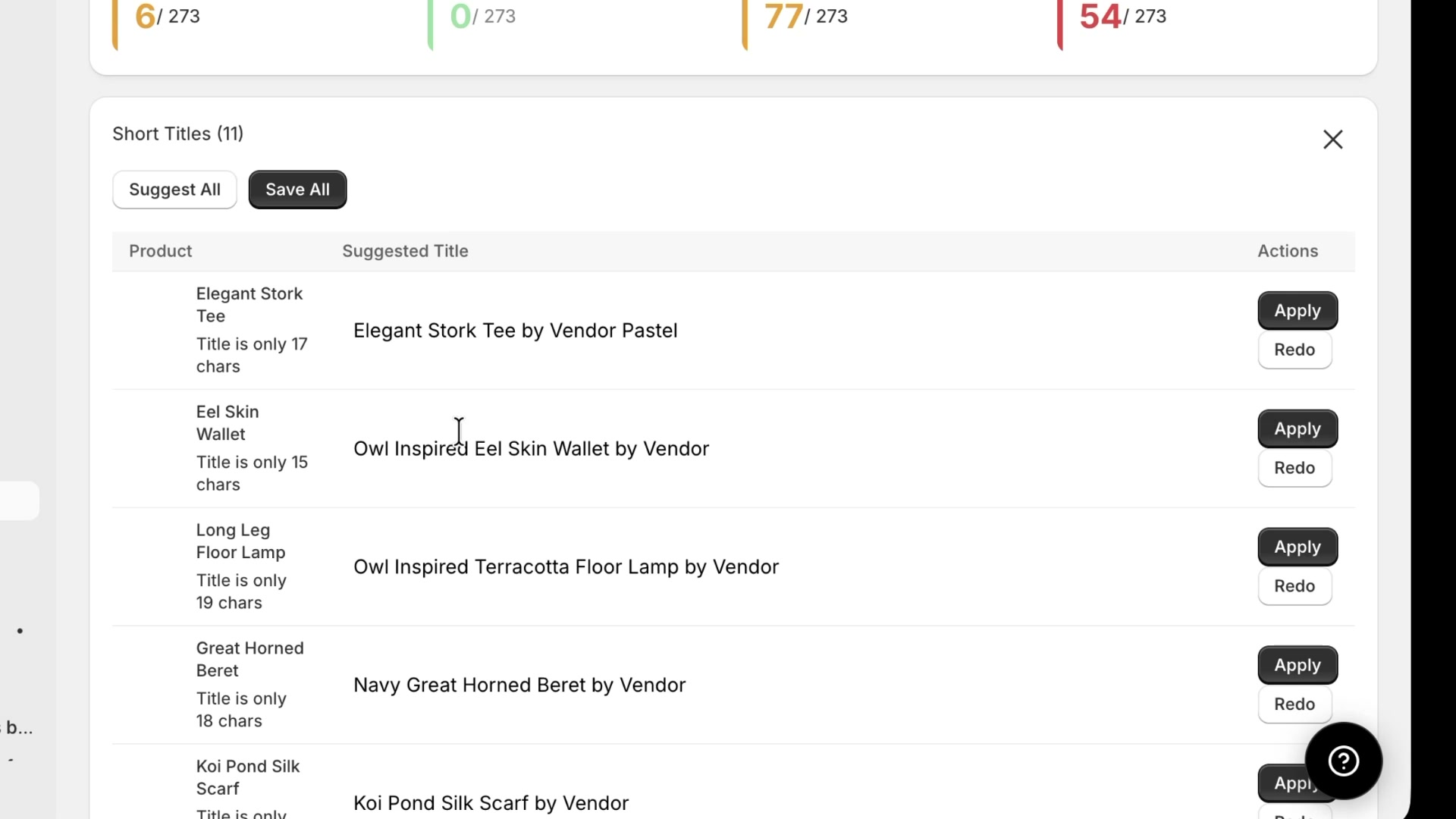 Short Titles audit showing AI-suggested replacement titles with Apply and Redo buttons