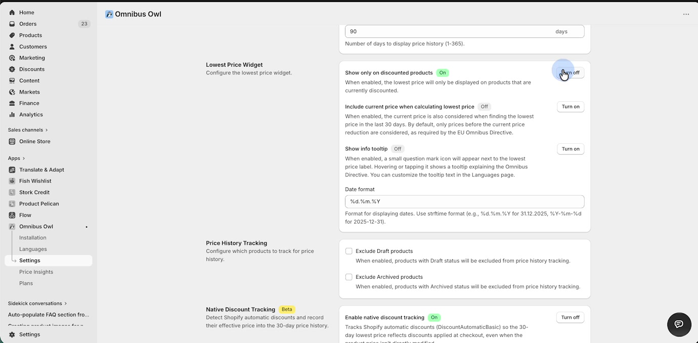 Lowest Price Widget settings showing discounted-products toggle, tooltip option, exclusions, and native discount tracking