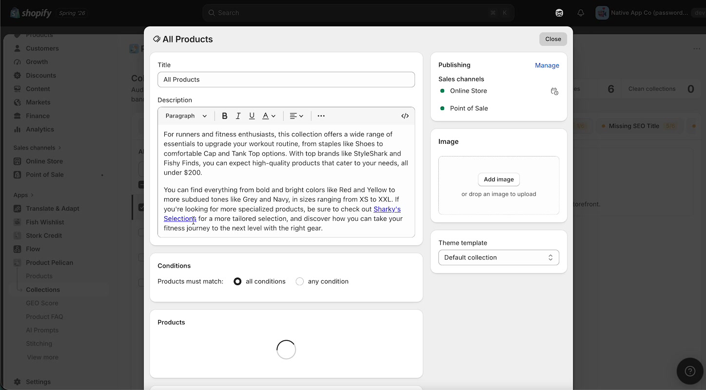 Shopify collection editor showing updated description and image upload area for collection banner setup