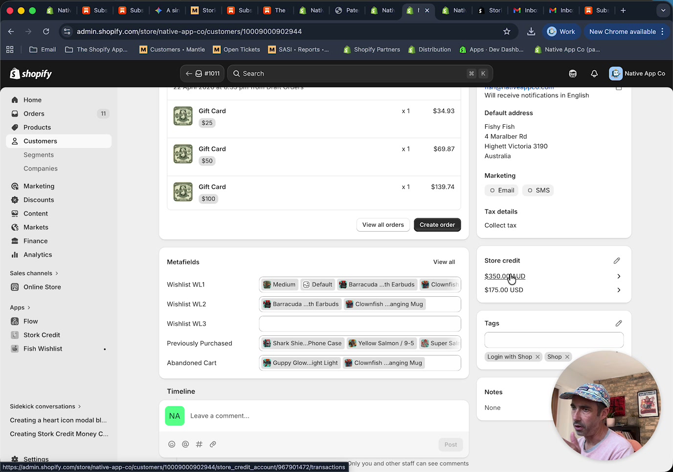 Customer profile showing store credit balances in AUD and USD