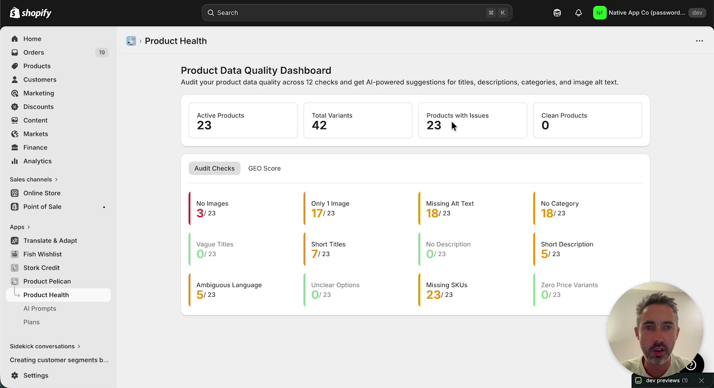 Product Health dashboard showing product totals and audit check summary cards