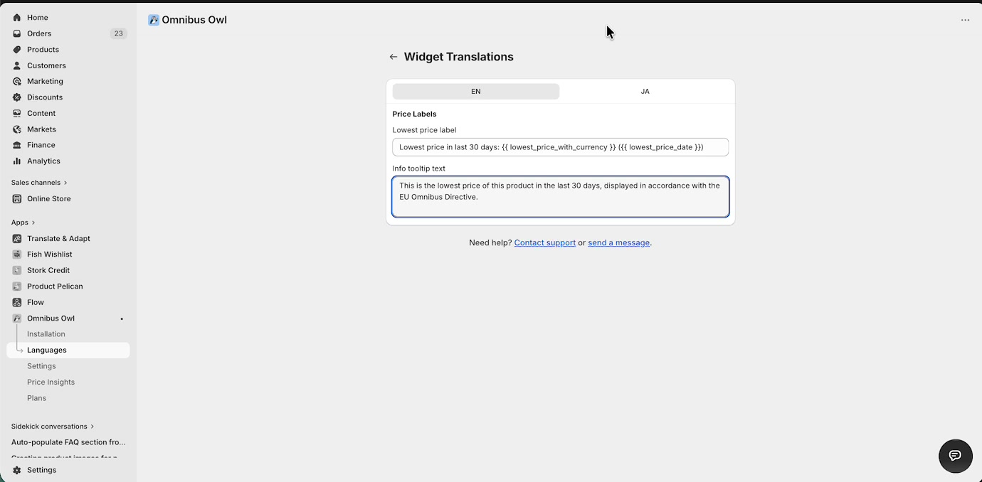 Widget Translations page with editable lowest price label and tooltip text for multiple languages